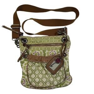 Fossil Crossbody Boho Purse Canvas Leather Trim Weekender Bag Green Floral Brass